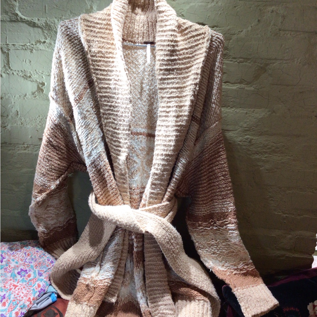 Rare Free People Striped Shawl Collar Belted Cardigan In Beige And Cream Read***